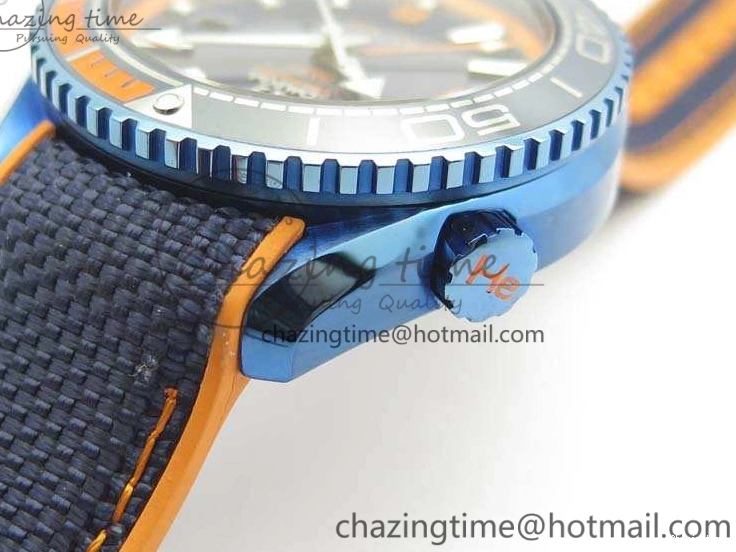 0818 FreshLook Planet Ocean 45mm GMT Blue DLC Black OMF Best Edition Blue Dial On Blue Gummy Strap A 8123